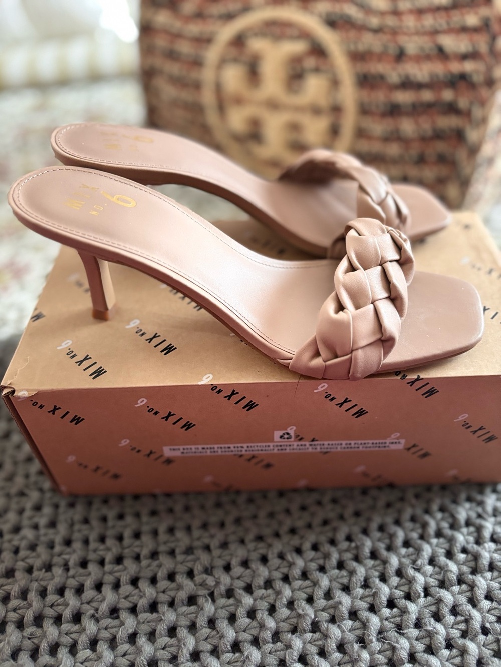 Mix No 6 Elandra Braided Strap Women's Slide Heels in Nude. 9.5